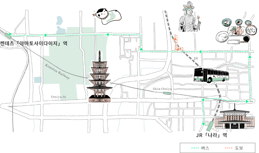 バスでお寺を巡るコースの地図