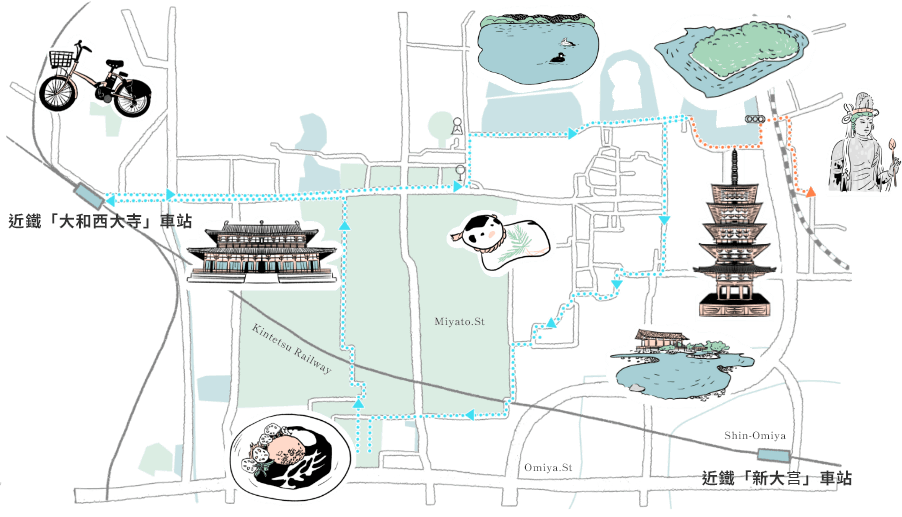自転車でお寺を巡るコースの地図